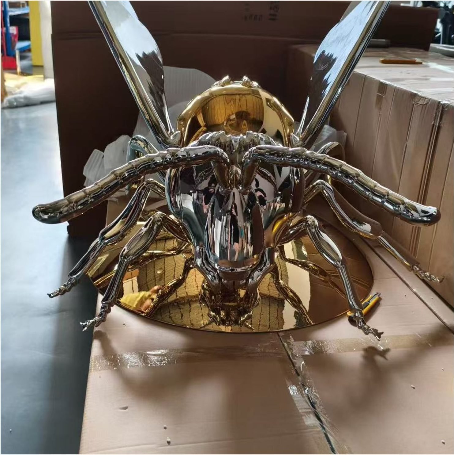 Front view of the insect display sculpture and legs