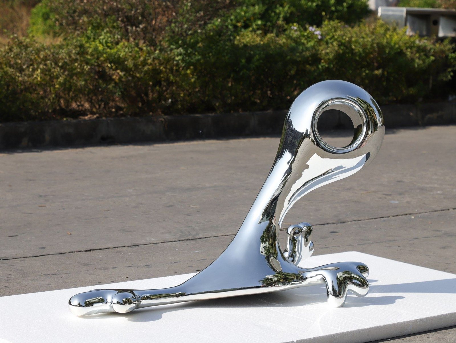 Chrome-finish organic display sculpture with an open circular form