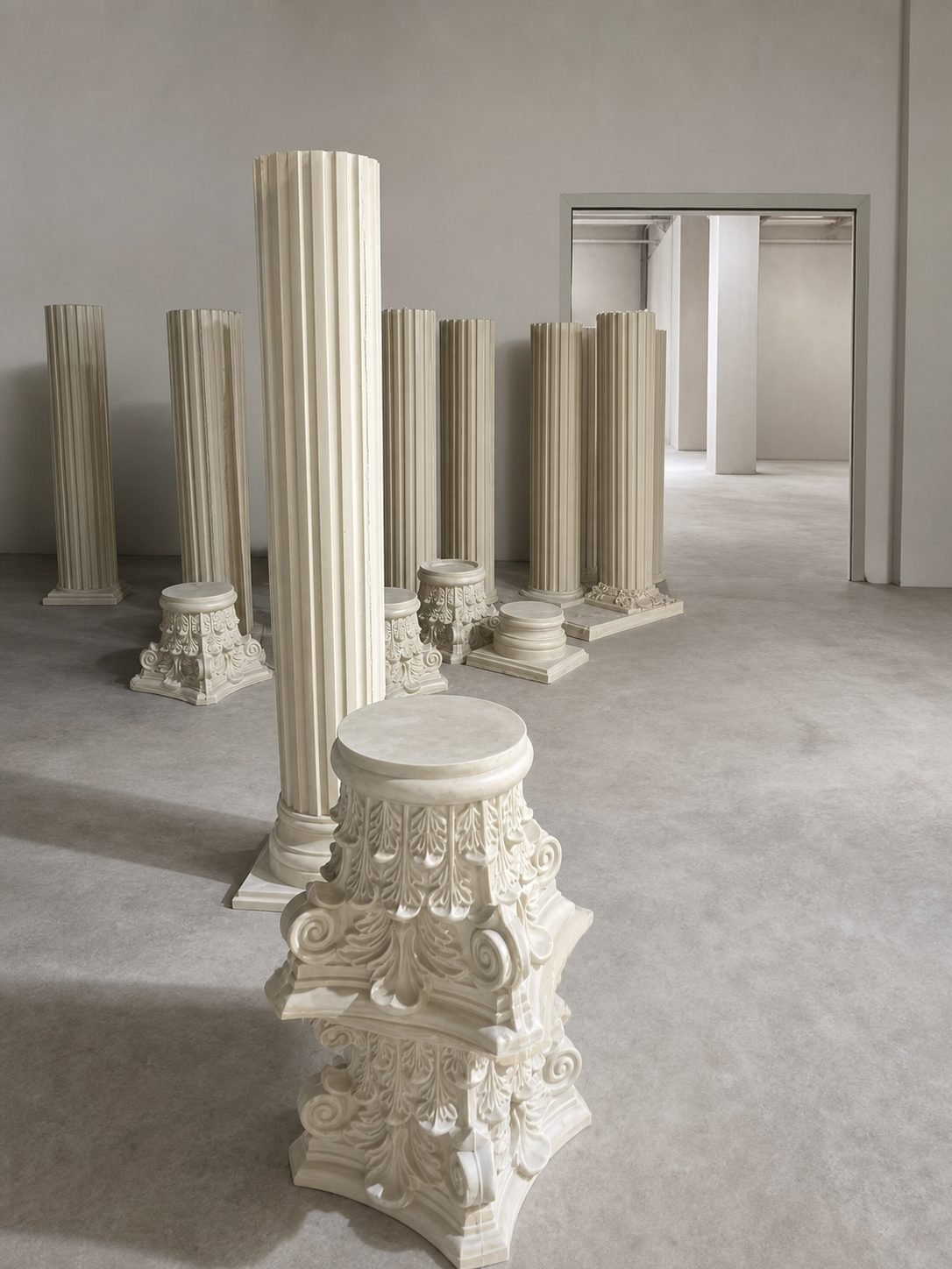 Separate fluted column shafts, bases and ornate capitals during production